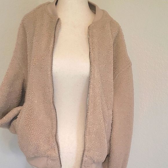 Avec Les Filles Jackets & Blazers - Avec Les Filles Tan Teddy Jacket Oversized Fuzzy